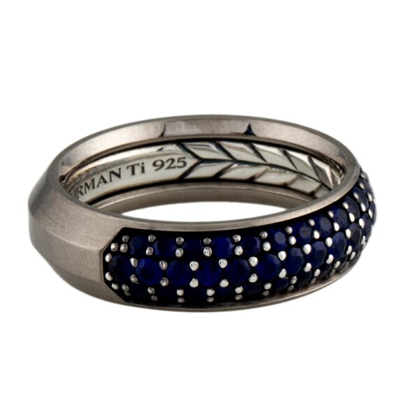 DAVID YURMAN SAPPHIRE TITANIUM & STERLING SILVER 925 BEVELED BAND RING - Picture 1 of 7